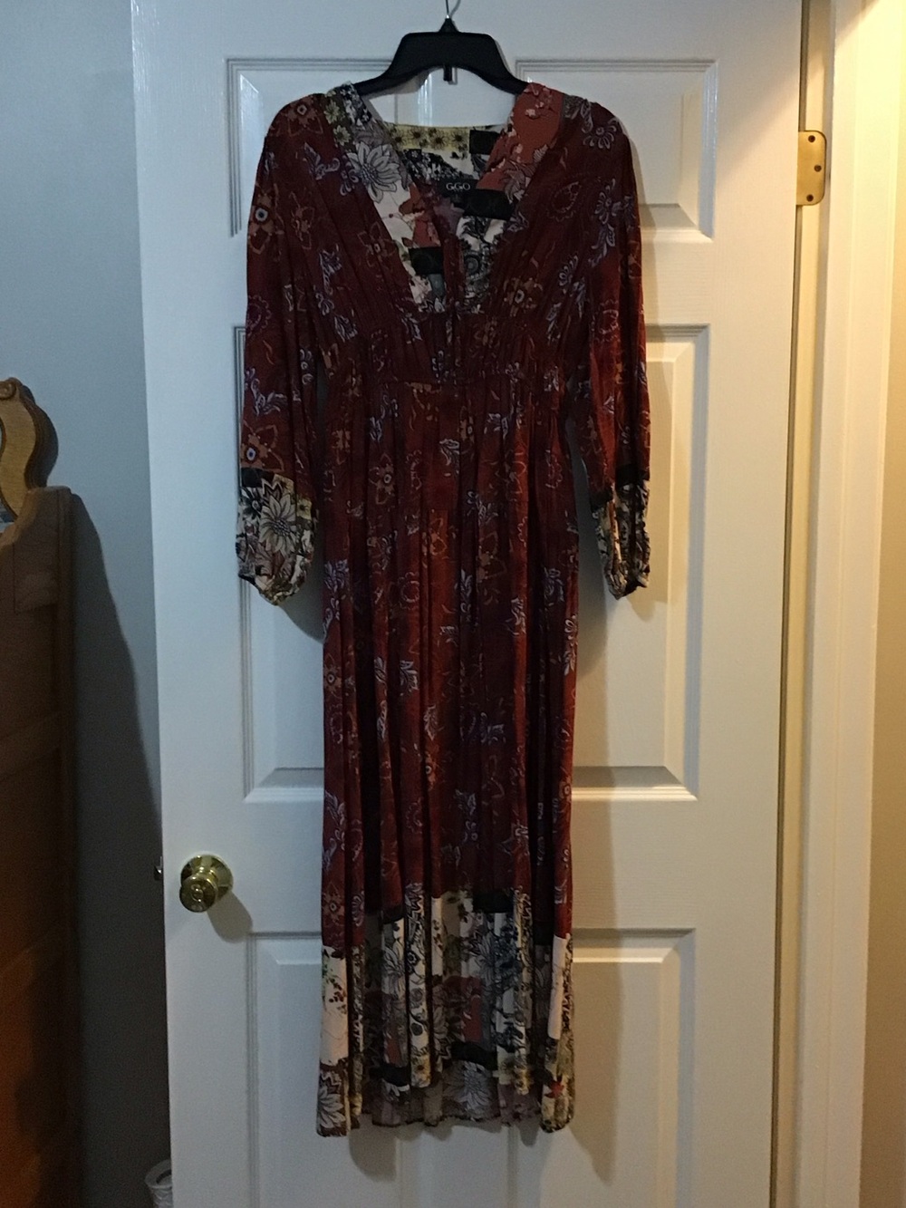 Boho Floral Rust Maxi Dress with V-Neck